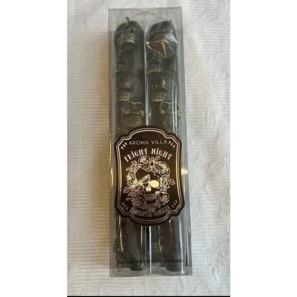 Aroma Villa 2 Candelabra Candles Blk Skull Unscented Fright Night Halloween NIB - Picture 1 of 5